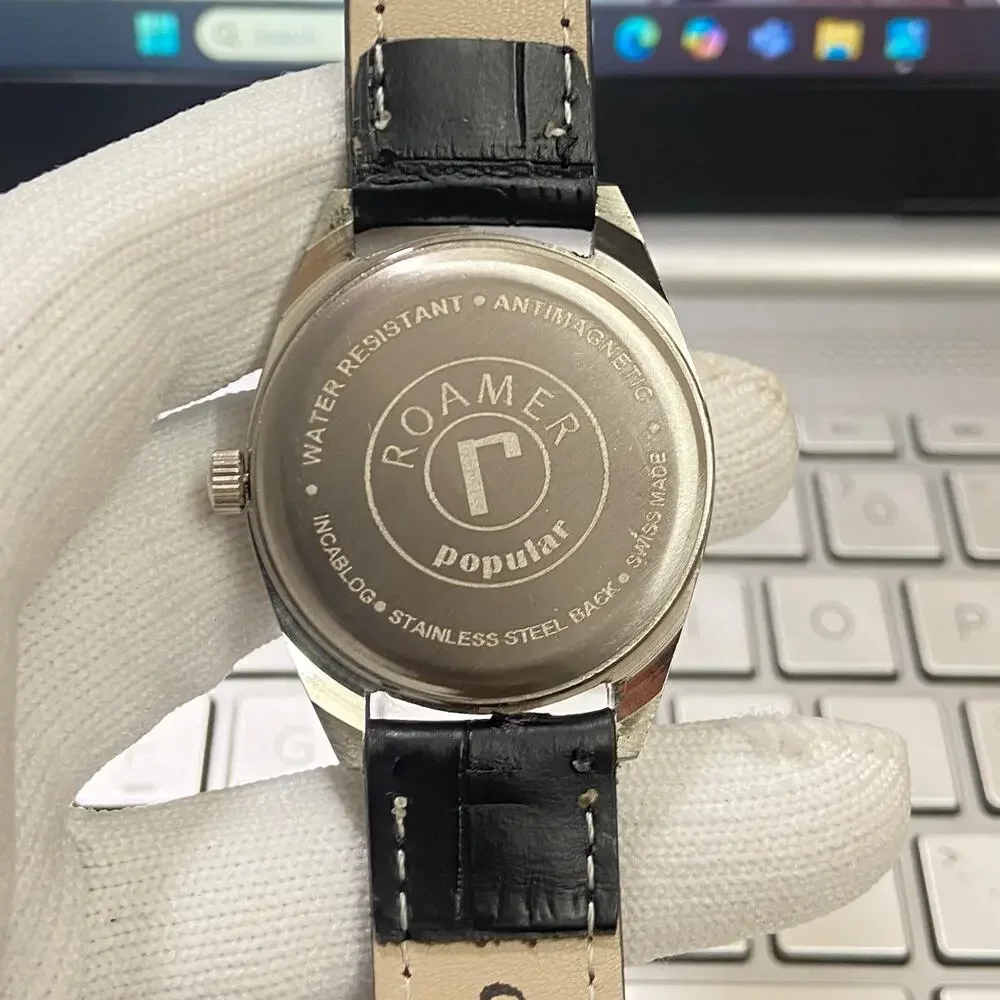 Vintage 1982 Roamer Manual Mens Silver Watch W/Leather Strap & Black accents